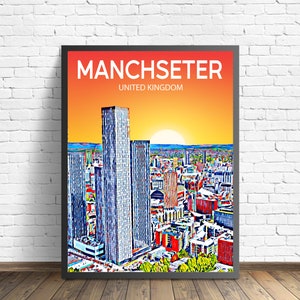 Manchester UK Art Poster Sunset / Night Poster Art Print, Manchester City Framed Modern Wall art, Colorful Skyline Canvas Sketch Photo