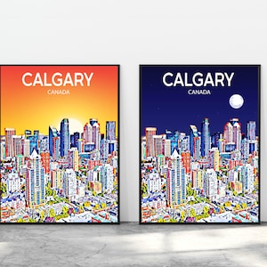 Calgary Canada Art Poster Sunset / Night Poster Art Print, Calgary Canada City Modern Wall art, Colorful Skyline Canvas Sketch