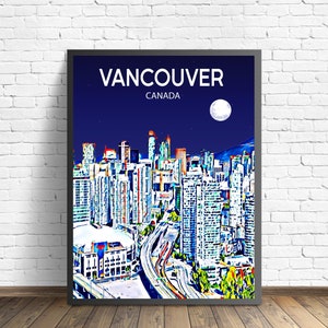 Vancouver Canadá Arte Pôster Pôr do Sol / Noite Pôster Arte Impressão, Vancouver CA Arte de Parede Moderna Emoldurada, Foto em Tela Colorida de Horizonte