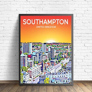 Southampton UK Art Poster Sunset / Night Poster Art Print, Southampton City Framed Modern Wall art, Colorful Skyline Canvas Photo sketch