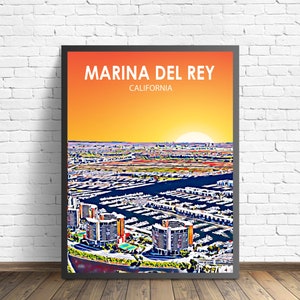Póster con impresión de paisaje al atardecer en Marina Del Rey, California, lienzo de arte de pared de la ciudad de Marina Del Rey, boceto de un horizonte colorido
