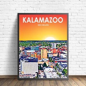 Kalamazoo Michigan Art Poster Sunset Landscape Poster Print, Kalamazoo City Framed Wall Art United States Colorful Skyline Sketch Photo