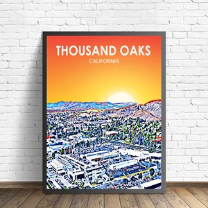 Thousand Oaks, Californie, affiche d'art, coucher de soleil en Californie, paysage, impression d'affiche, mur de la ville de Thousand Oaks, toile d'art colorée, croquis, photo