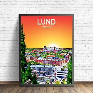 Póster artístico de Lund, Suecia, impresión artística de atardecer/noche, arte mural moderno de la ciudad de Lund, boceto fotográfico de un paisaje urbano colorido