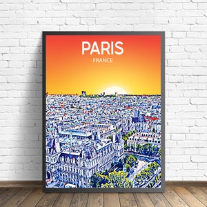Paris Frankreich Kunst Poster Sunset/Night Poster Art Print, Paris City Moderne Wandkunst, Bunt Skyline Leinwand Foto Skizze Geschenk