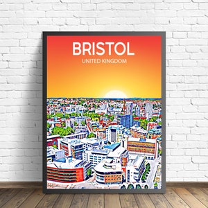 Bristol UK Art Poster Sunset / Night Poster Art Print, Bristol City Framed Modern Wall art, Colorful Skyline Canvas Sketch