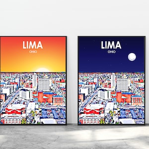 Lima OH Art Poster Ohio Sunset Landscape Poster Print, Lima City Framed Wall Canvas Art Colorful Skyline Sketch Photo