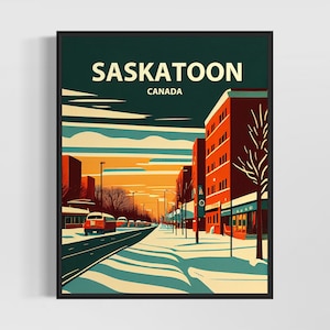 Impresión de arte retro de Saskatoon, Canadá, ilustración de arte mural de Saskatoon, póster de diseño minimalista vintage de Saskatoon