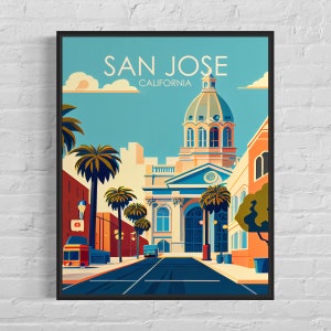 Impresión de arte retro de San José, California, ilustración de arte mural de San José, póster de diseño minimalista vintage de San José