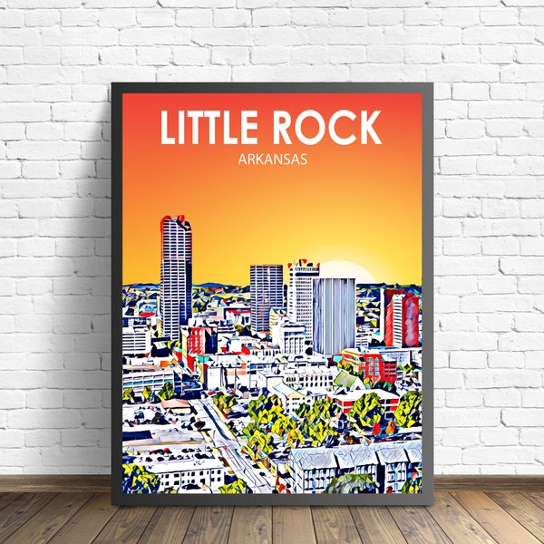 Little Rock AR Art Poster, Arkansas Sunset Landscape Poster Print, Little Rock City Wall Canvas Art Colorful Skyline Sketch Photo