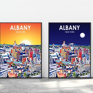 Affiche d'art Albany NY, impression d'affiche de coucher de soleil / paysage de nuit de New York, oeuvre d'art murale de peinture d'Albany, États-Unis, esquisse colorée, décoration d'intérieur