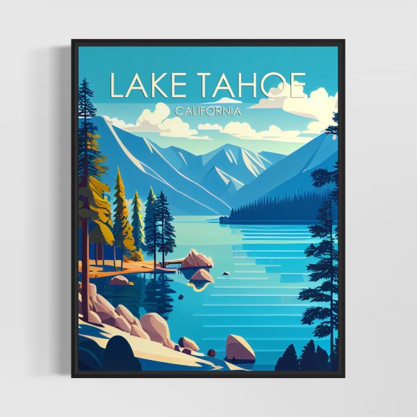 Lake Tahoe California Retro Art Print, Lake Tahoe Art Illustration, Lake Tahoe Vintage Minimal Design Poster