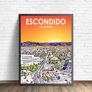 Escondido California Art Poster Sunset Landscape Poster Print, Escondido City Framed Wall Art United States Colorful Skyline Sketch Photo