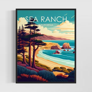 Sea Ranch Kalifornien Retro Kunstdruck, Sea Ranch Kunst Illustration, Sea Ranch Vintage Minimal Design Poster