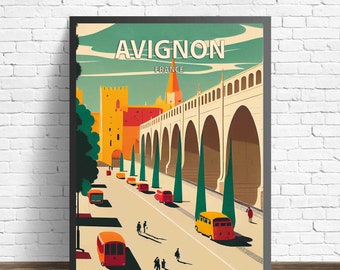 Impresión de arte retro de Aviñón, Francia, ilustración de arte mural de Aviñón, póster de diseño minimalista vintage de Aviñón