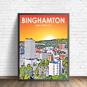 Binghamton New York Art Poster Sunset / Night Landscape Poster Print, Binghamton City Framed Wall Art United States, Colorful Skyline Sketch