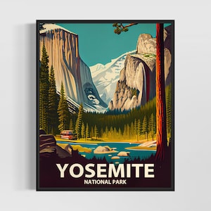 Impresión de arte retro del Parque Nacional de Yosemite, ilustración del Parque Nacional de Yosemite, póster de diseño minimalista vintage del Parque Nacional de Yosemite