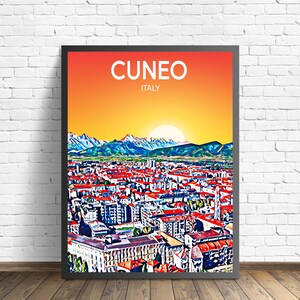 Cuneo Itália Arte Pôster Pôr do Sol / Noite Arte Impressão, Cuneo Cidade Arte de Parede Moderna, Esboço Colorido de Tela de Horizonte