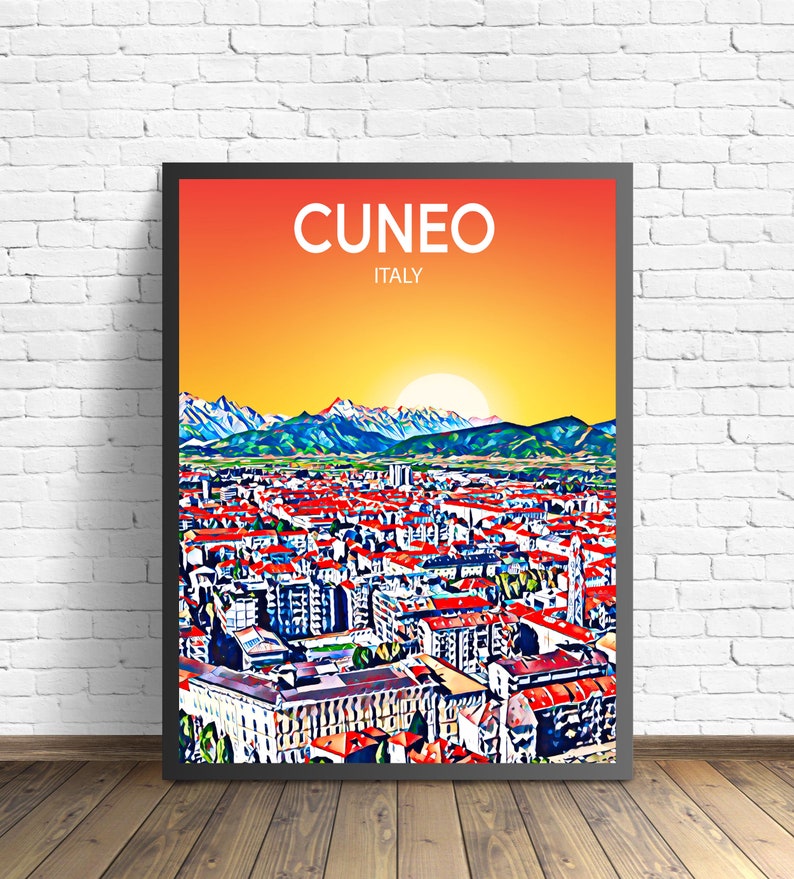 Cuneo Italy Art Poster Sunset / Night Poster Art Print, Cuneo City Modern Wall art, Colorful Skyline Canvas Sketch image 1