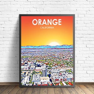 Orange CA Art Poster, California Sunset Landscape Poster Print, Orange City Wall Canvas Art Colorful Skyline Sketch Photo