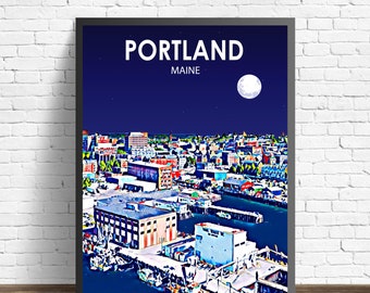 Impresión del cartel del paisaje de la puesta del sol de Portland Maine, arte colorido del lienzo de la pared de la ciudad de Portland foto del bosquejo del horizonte colorido