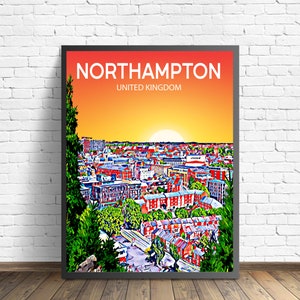 Póster artístico de Northampton, Reino Unido, impresión artística de póster de atardecer/noche, arte de pared moderno enmarcado de la ciudad de Northampton, boceto fotográfico en lienzo con horizonte colorido