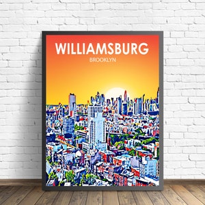 Williamsburg NY Art Poster Brooklyn Sunset Landscape Poster Print, Williamsburg City Framed Wall Canvas Art Colorful Skyline Sketch Photo