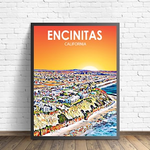Encinitas California Art Poster Sunset Landscape Poster Print, Encinitas City Framed Wall Art United States Colorful Skyline Sketch Photo
