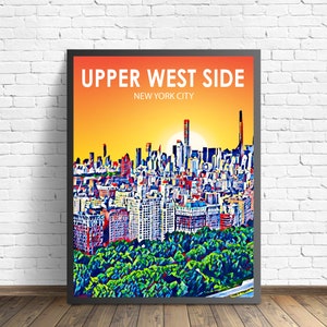 Impression d'affiche de paysage coucher de soleil de l'Upper West Side New York City, impression d'art mural sur toile de l'Upper West Side New York City, photo d'esquisse colorée d'horizon