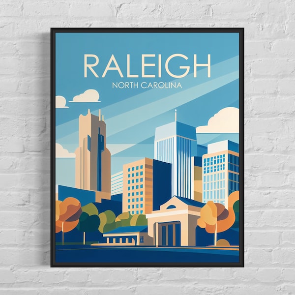 Raleigh North Carolina Retro Art Print, Raleigh Wall Art Illustration, Raleigh Vintage Minimal Design Poster