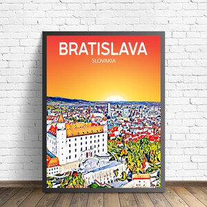 Bratislava Slovakia Art Poster Sunset / Night Poster Art Print, Bratislava City Framed Modern Wall art, Colorful Skyline Canvas Sketch