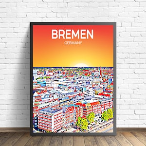 Bremen Germany Art Poster Sunset / Night Poster Art Print, Bremen City Framed Modern Wall art, Colorful Skyline Canvas Sketch