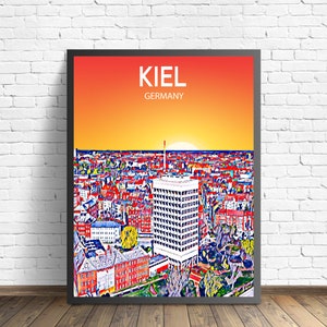 Póster artístico de Kiel, Alemania, impresión artística de atardecer/noche, arte de pared moderno enmarcado de la ciudad de Kiel, boceto de lienzo de horizonte colorido