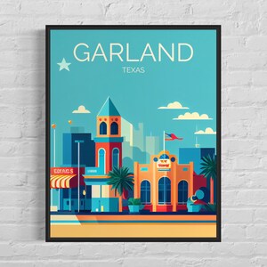 Garland Texas Retro Art Print, Garland Wall Art Illustration, Garland Vintage Minimal Design Poster