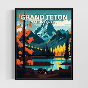 Grand Teton Nationalpark Retro Kunst Druck, Grand Teton Nationalpark Illustration, Grand Teton Nationalpark Vintage Minimal Design Poster