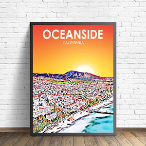 Oceanside CA Art Poster, California Sunset Landscape Poster Print, Oceanside City Framed Wall Canvas Art Colorful Skyline Sketch Photo