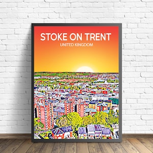 Póster artístico de Stoke On Trent, Reino Unido, impresión artística de póster de atardecer/noche, arte de pared moderno enmarcado de la ciudad de Stoke On Trent, foto en lienzo con horizonte colorido