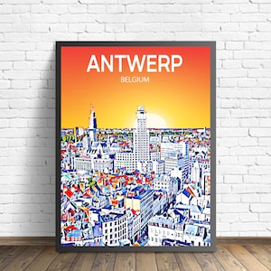 Antwerp Belgium Art Poster Sunset / Night Poster Art Print, Antwerp City Modern Wall art, Colorful Skyline Canvas Sketch artwork