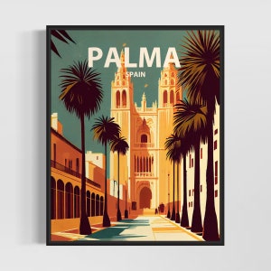 Impresión de arte retro de Palma, España, ilustración de arte mural de Palma, póster de diseño minimalista vintage de Palma