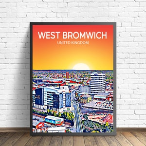 Póster artístico de West Bromwich, Reino Unido, impresión artística de póster de atardecer/noche, arte de pared moderno enmarcado de la ciudad de West Bromwich, foto en lienzo del horizonte