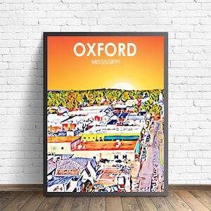 Oxford MI Kunst Poster, Mississippi Sonnenuntergang Landschaft Poster Druck, Oxford City Wall Leinwand Kunst Bunte Skyline Skizze Foto