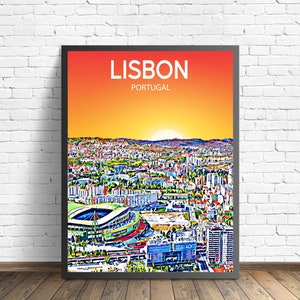Lisbon Portugal Art Poster Sunset / Night Poster Art Print, Lisbon City Modern Wall art, Colorful Skyline Canvas Sketch Photo Artwork