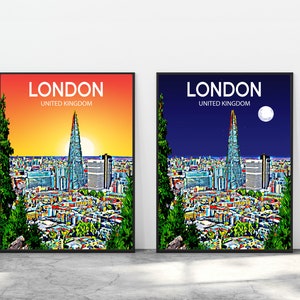 Póster de arte de Londres, Reino Unido, póster de atardecer/noche, impresión artística, arte de pared moderno de la ciudad de Londres, boceto de lienzo de horizonte colorido, foto de horizonte