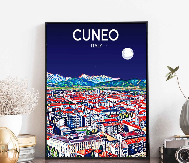 Cuneo Italy Art Poster Sunset / Night Poster Art Print, Cuneo City Modern Wall art, Colorful Skyline Canvas Sketch image 6
