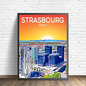 Strasbourg France Art Poster Sunset / Night Poster Art Print, Strasbourg City Framed Modern Wall art, Colorful Skyline Canvas Photo