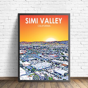 Simi Valley CA Art Poster, California Sunset Landscape Poster Print, Simi Valley City Framed Wall Canvas Art Colorful Skyline Sketch Photo