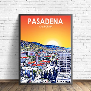 Affiche d'art de Pasadena en Californie, impression d'affiche de paysage coucher de soleil en Californie, ville de Pasadena, toile murale encadrée, art coloré de croquis d'horizon
