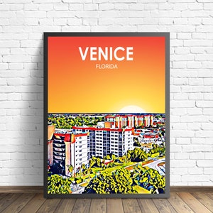 Venetië FL art poster, Florida zonsondergang landschap poster print, Venetië stad muur canvas kunst kleurrijke skyline schets foto