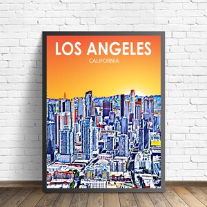 Los Angeles CA Art Poster Art Poster California Sunset Landscape Poster Print, Los Angeles City Canvas Art Colorful Skyline Sketch Photo