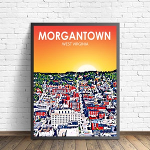 Morgantown WV Art Poster, West Virginia Sunset Landscape Poster Print, Morgantown City Wall Canvas Art Colorful Skyline Sketch Photo
